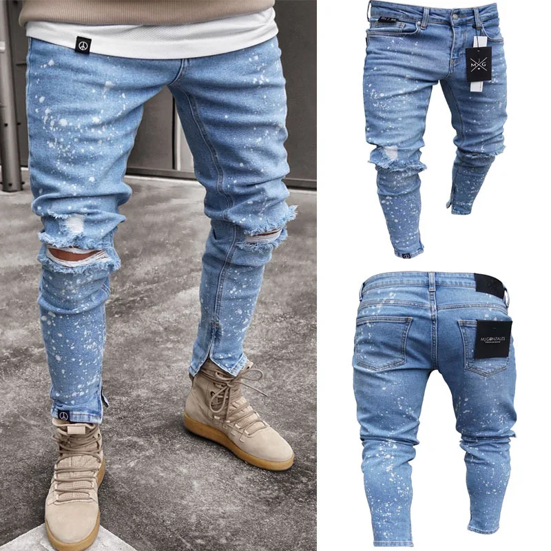 

2019 Fashion Streetwear Man Pants Jeans Men printing Jeans Vintage Destroyed Ripped Elastic Zipper Jeans Pants Hip Hop Jeans 3XL