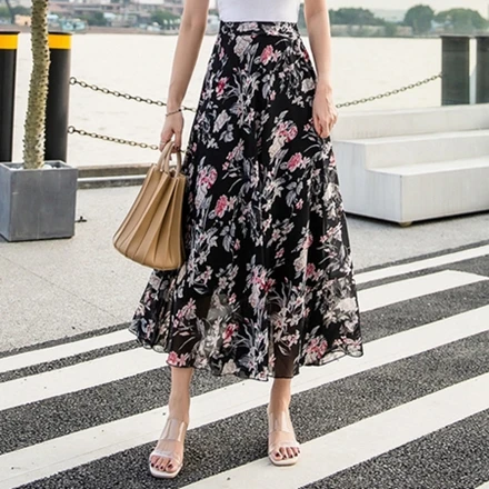 Black Big Floral TingYiLi, длинная юбка с цветочным принтом, летняя, праздничная, Пляжная, бохо, юбка с высокой талией, элегантная женская юбка - Цвет: Black Big Floral