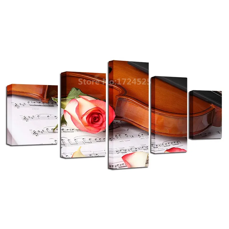 

Picture Painting Poster Home Decor Living Room Modular 5 Panels Pink Rose Violin Instrument HD Canvas Painting Wall Art Unframed