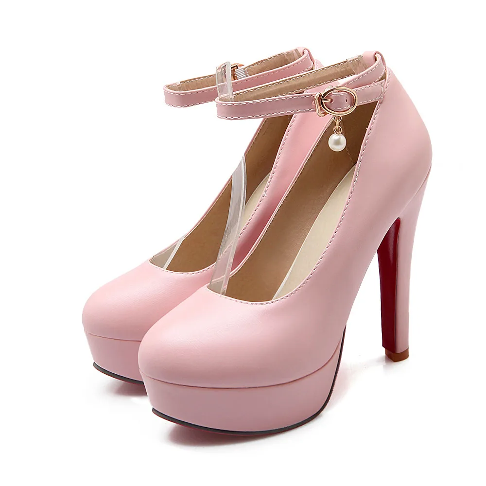 Pink Женские туфли-лодочки; женские туфли на платформе с закрытым носком; женские туфли с жемчугом; сезон весна; модные черные туфли на высоком тонком каблуке с пряжкой и ремешком с круглым носком - Цвет: Pink