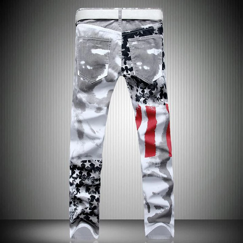 

HOT 2020 Men's USA Flag White Jeans Painting Color Printing Stripe Cotton Stretch Straight Denim Overalls Men Plus Size 44 46