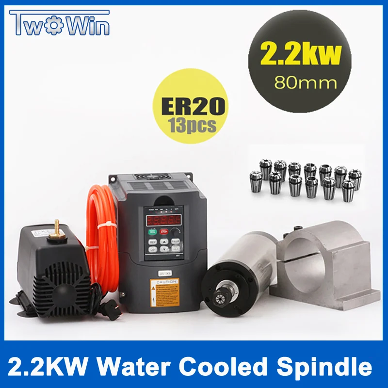 2.2kw мотор шпинделя с водяным охлаждением комплект ER20 фрезерования + 2.2KW VFD 80 мм