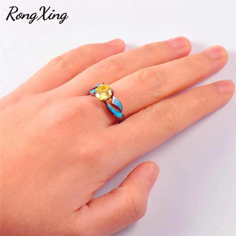 RongXing Новое Стильное кольцо с голубым огненным опалом круглые черные золотые