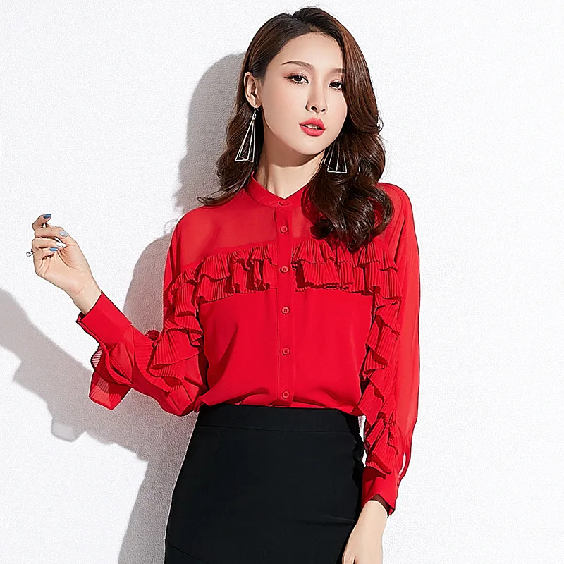 Красный INNASOFAN OL Women's shirt Spring-summer chiffon blouse Euro-American fashionable chic long-sleeved shirt and shuttlecocks - Цвет: Красный