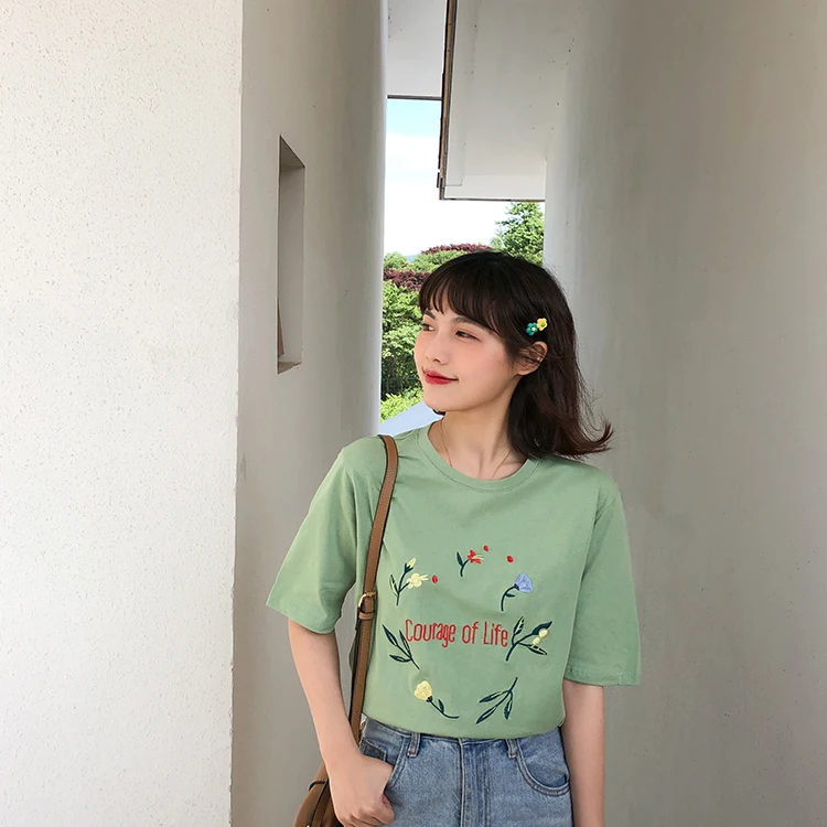 2 цвета, летние укороченные топы в Корейском стиле с цветочным принтом, футболки с короткими рукавами с принтом женская футболка femme(F3721