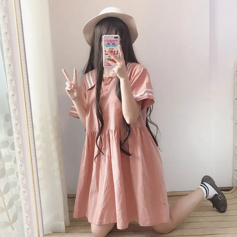 Розовый Японский розовый матросский цвет Kawaii платье для женщин весна осень сладкий вышивка лоскутное короткий рукав школьное платье T365 - Цвет: Розовый