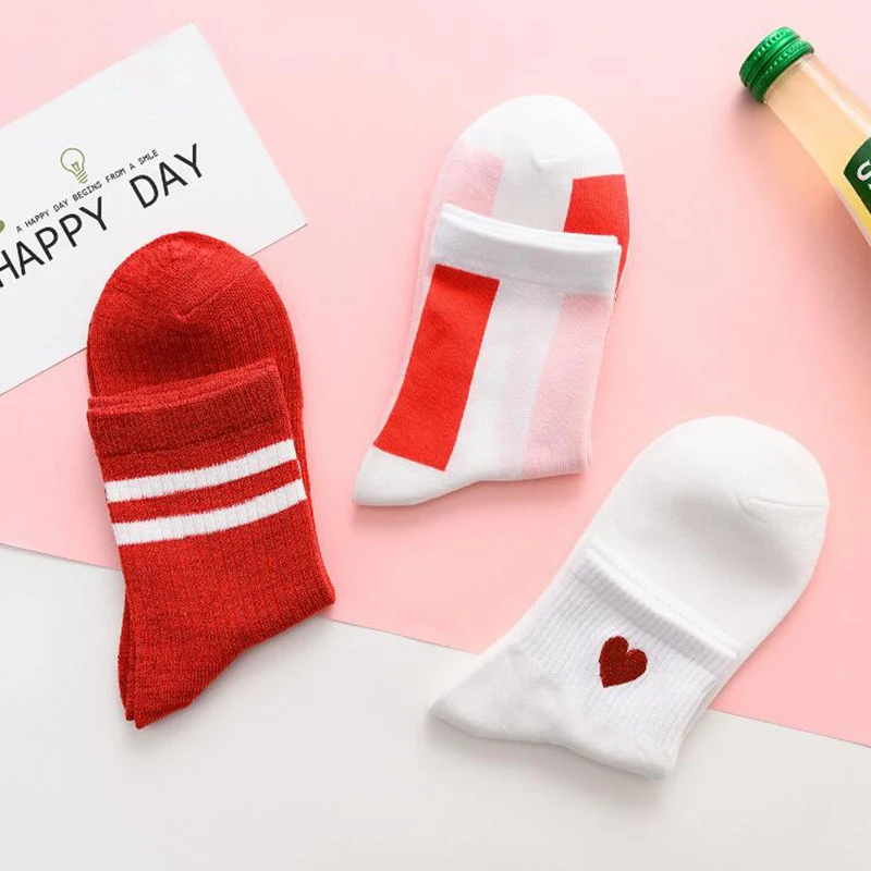 3 пары хлопковые носки в полоску с сердцем для женщин модные красные спортивные