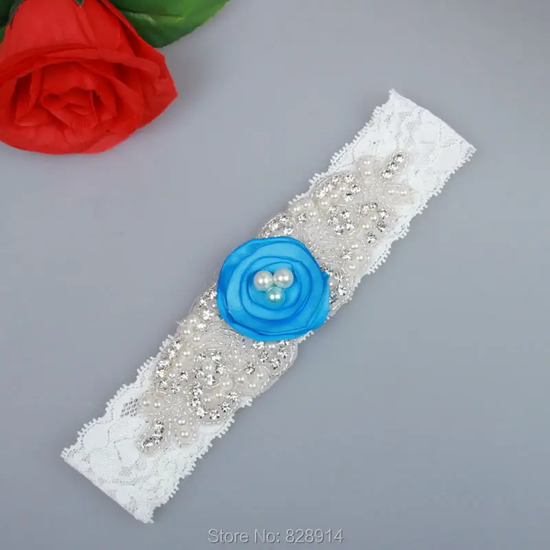 

Original Design Rhinestones Beaded Applique White Lace Wedding Bridal Garter With Blue Flower Handmade