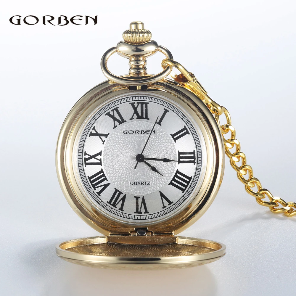 

Vintage Luxury Golden Silver Quartz Pocket Watch Roman Numerals Dial with Fob Chain Men Women Watches Necklace Clock Best Gifts