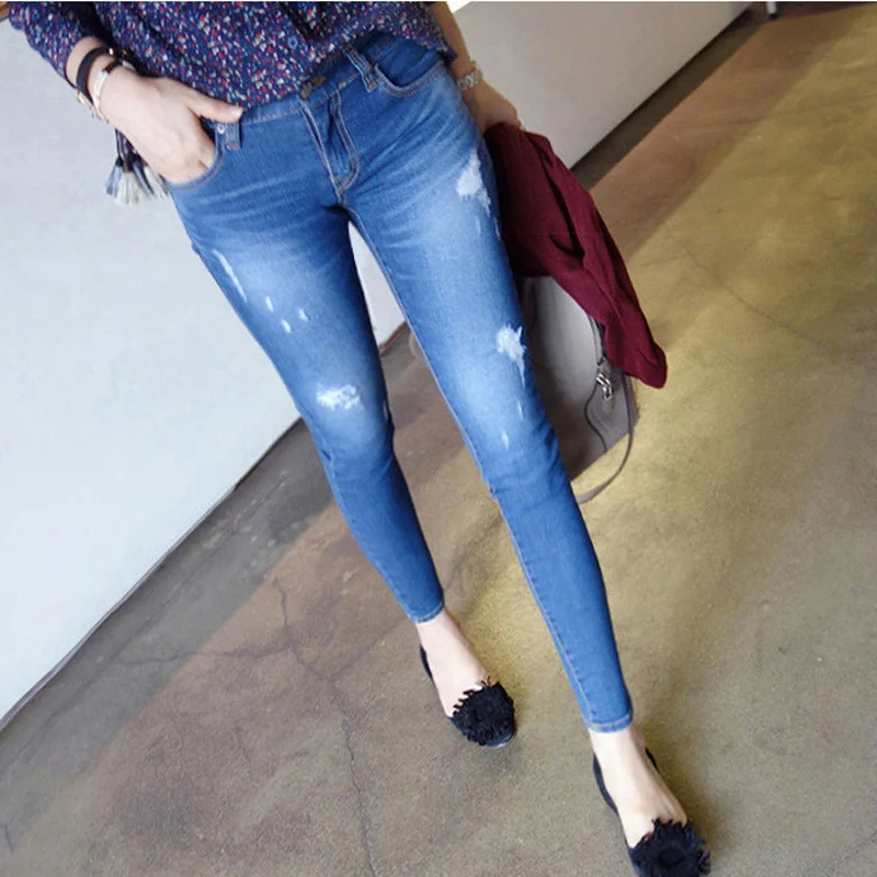 2016 Осень высокая талия Женщины Узкие Джинсы Летом Синий Стрейч Джинсовые Брюки