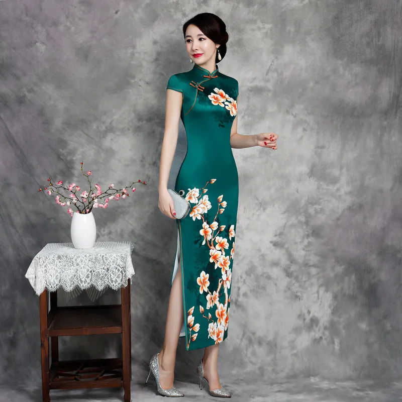 Женское китайское традиционное платье Ципао с принтом Cheongsam размера плюс, длинные платья Qi Pao, новинка, зеленое элегантное ретро платье - Цвет: green