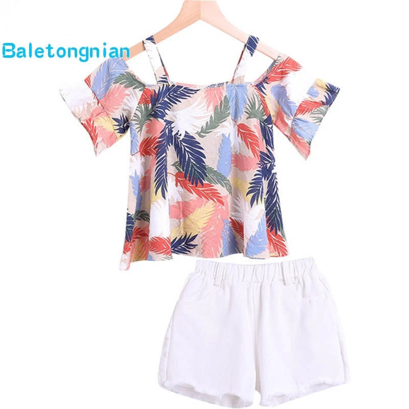 Комплект одежды для девочек летняя детская одежда рубашка с открытыми плечами +