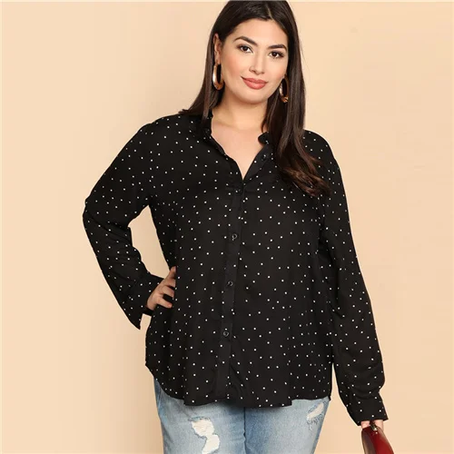 Black and White Dotfashion, женская рубашка в черный и белый горошек размера плюс, осень, топы, одежда с длинным рукавом, Повседневная Длинная блузка - Цвет: Black and White