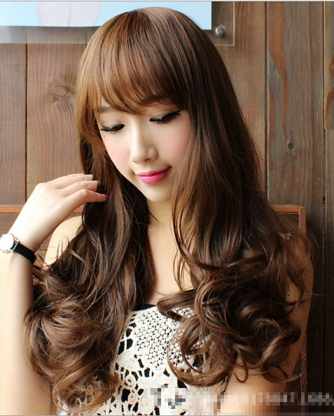 Длинные волосы парик женский косой челкой груша глава Волнистые пушистые