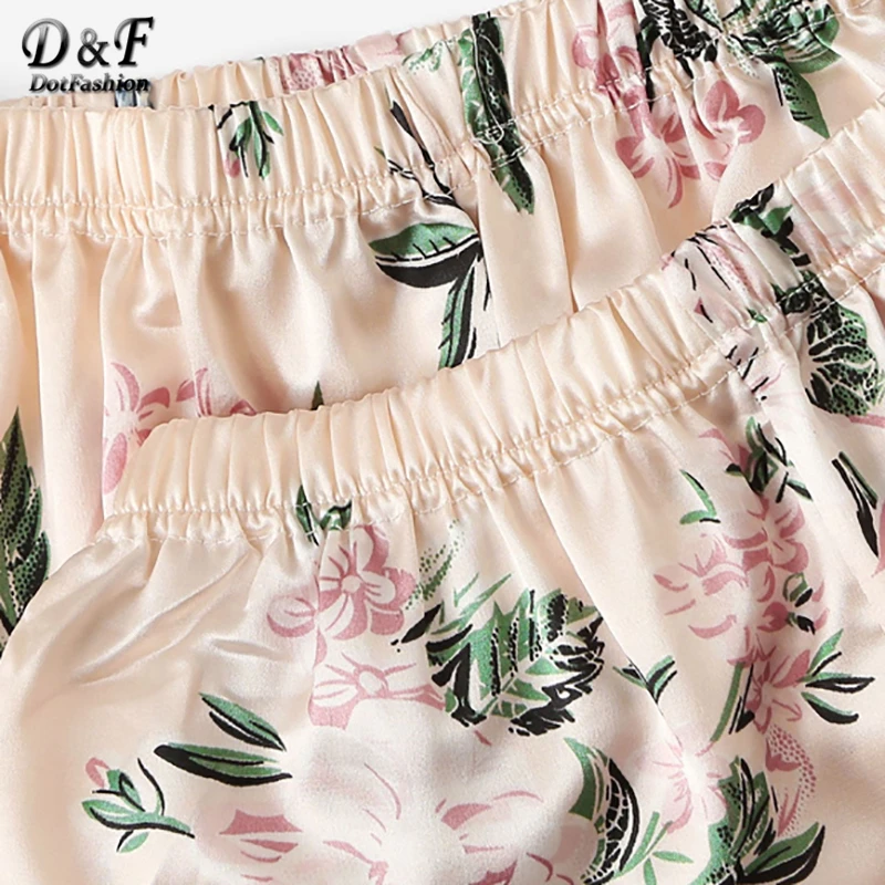 Dotfashion абрикосовый 7 шт. цветочный принт атласный Cami PJ набор с рубашкой пижамы для женщин Весенняя элегантная Домашняя одежда с длинным рукавом