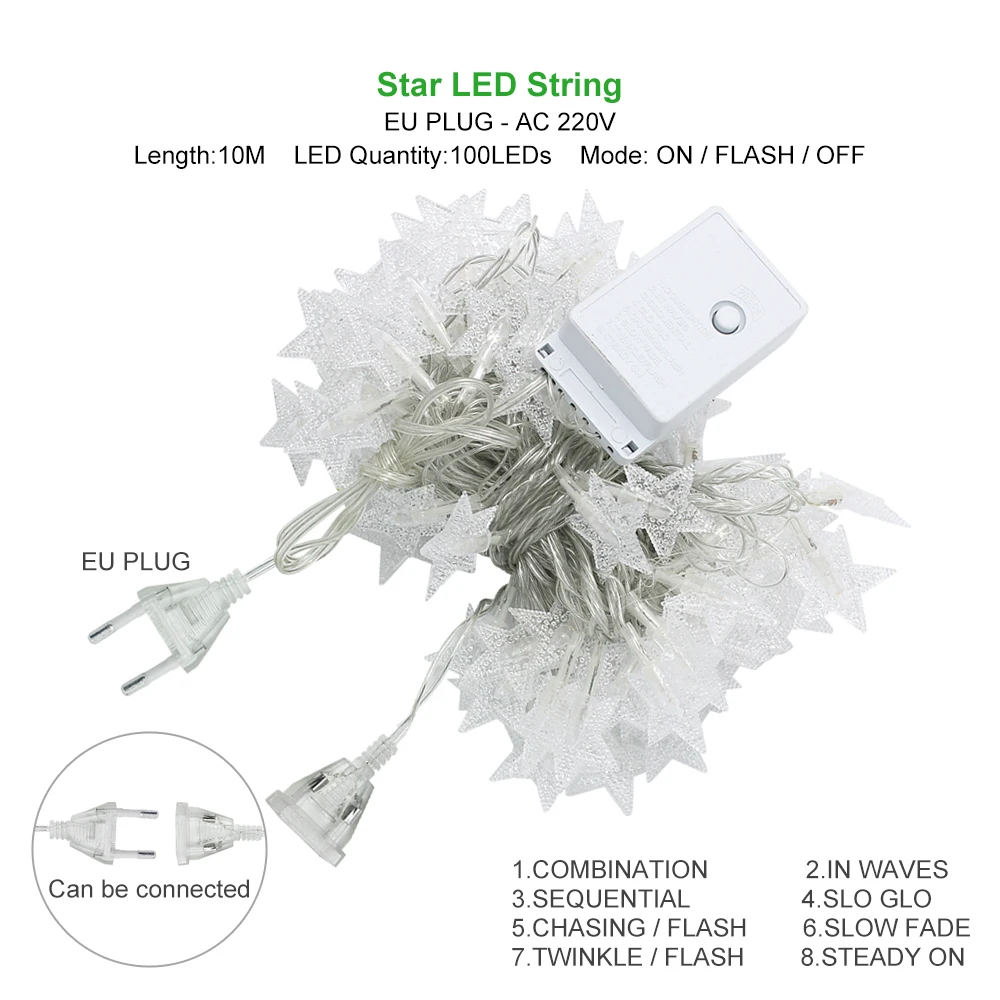 10 м 33 фута 100 светодиодный s Star String Lighting 8 режимов вспышка светодиодный Сказочный гирлянда водонепроницаемый для новогоднего и Рождественского украшения штепсельная вилка европейского стандарта 220 В
