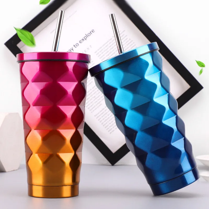 

Vacuum Flasks 600ML Thermos Funny Gradient Color Insulated Thermos Car Coffee Mug Travel Drink Bottle For Coffee with Straw