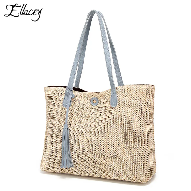Сумка женская с кисточками Плетеная соломенная саквояж большой вместимости