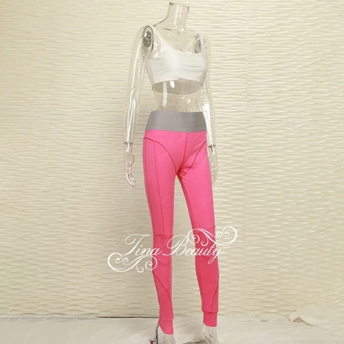 Fushia Tina beauty Kylie дизайнерский Gymwear комплект из 2 предметов с квадратным вырезом Бюстье и растягивающиеся длинные брюки с хеш-линией - Цвет: Fushia