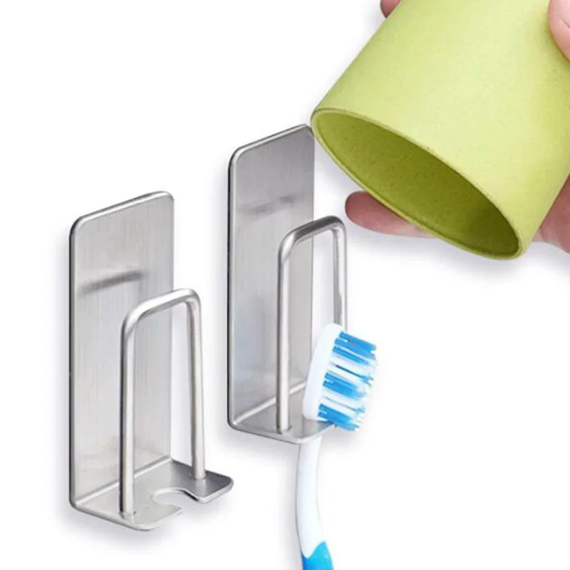 

1 Set Strong Suction Wall Stainless Steel Hooks Toothbrush Cup Holder Set Drilling Free Storage Bracket Bathroom Accessory