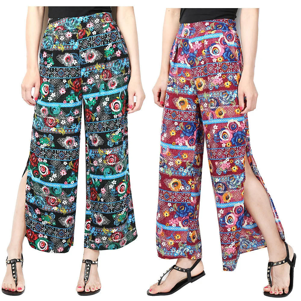 

Модные дизайнерские женские широкие брюки Hoffen с цветочным принтом, повседневные свободные шифоновые брюки с разрезами по бокам для женщин