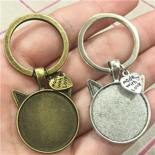 

2Pcs Silver Cat charm Blank Base Fit 25mm Cabochon family love Made Gift Keychains Car Key Rings Diy jewelry make