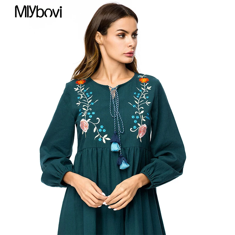 Casual Maxi Dress Green Embroidered 4XL Long Sleeve Moroccan Kaftan Dubai Abaya Islam Turkish Caftan Islamic Clothing Plus|Женские