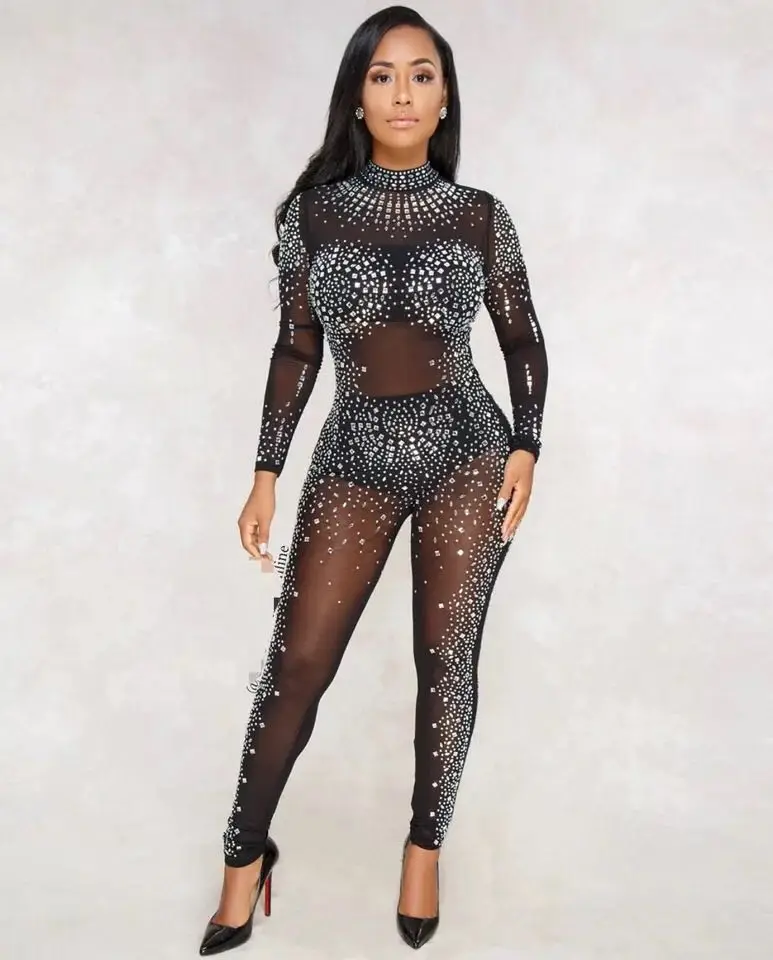Black Long Sleeve Rhinestone Jumpsuit Sexy Stage Costume Women Singer Crystal Bodysuit Celebrity Performance Wear DNV10970