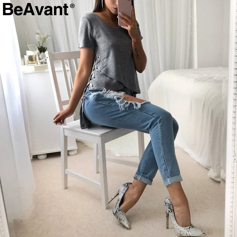 Женская Асимметричная трикотажная блузка BeAvant на шнуровке Весенняя Сексуальная