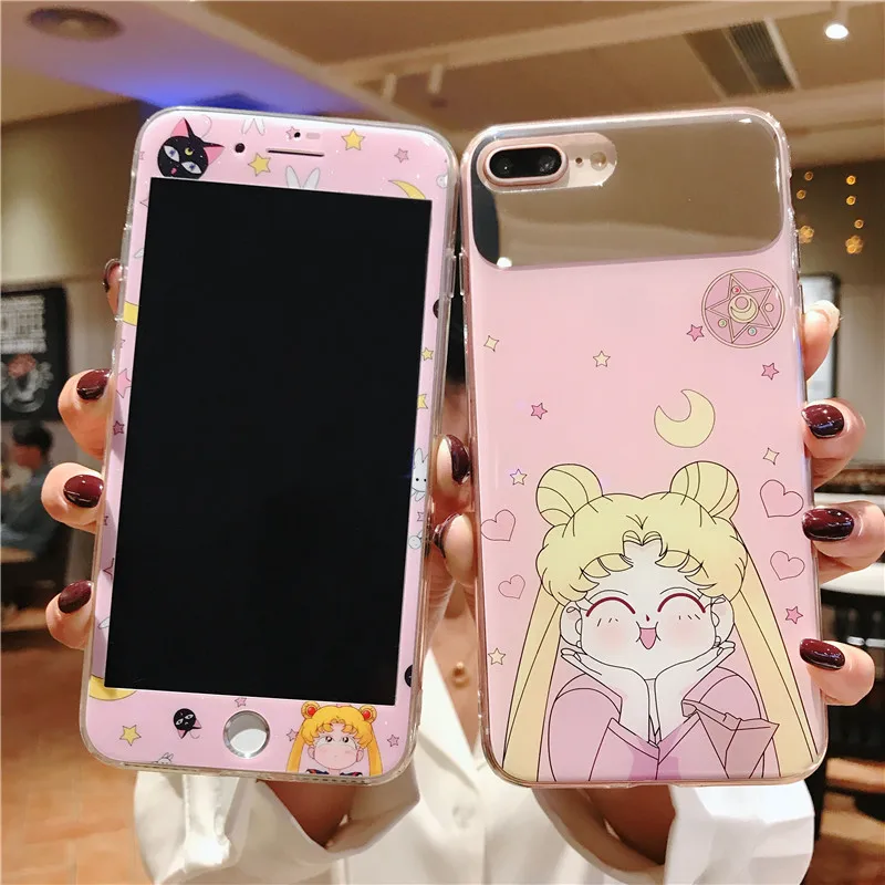 Для iphone 8 plus Милая наклейка луна-зеркало матроска мягкий чехол + стеклянная пленка