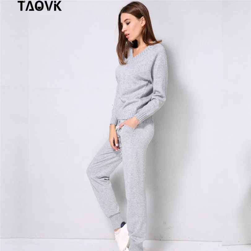 TAOVK, мягкий зимний Трикотажный костюм, женские комплекты, уличная одежда, свитера с v-образным вырезом, эластичные штаны, комплект из двух предметов, комплект из 2 предметов, домашний костюм