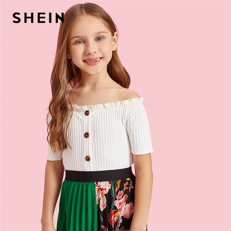 SHEIN Kiddie белая пуговица спереди жабо ребристая вязка элегантные футболки топы для девочек г. Летние укороченные детские повседневные футболки с короткими рукавами
