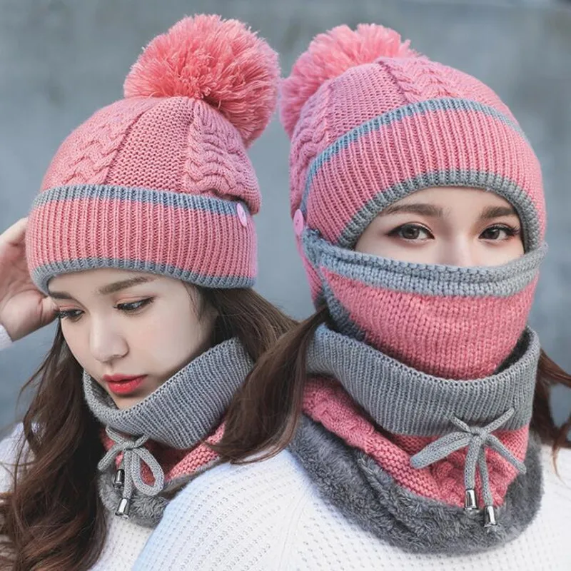 New High quality Women Thickened Winter Knitted Warm Skiing Cycling Hiking Caps Multi Functional Thermal Hats Scarf Mask Set | Спорт и