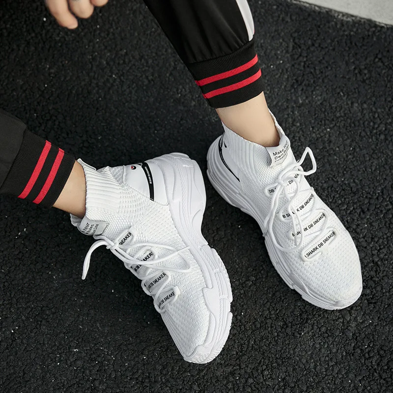 NEWDISCVRY Plus Size 36-46 High Top Men's Sock Sneakers 2019 Spring Men Knit Breathable Shark Shoes Male Platform Footwear Black |