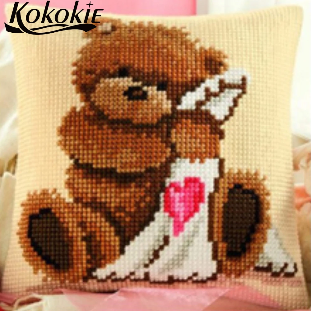 

handmade embroidery cushion cover kits cartoon bear throw pillow Cross stitch pillowcase Counted embroider Needlework kits