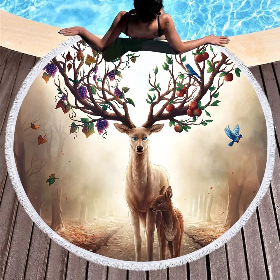 JoJoesArt Elk Round Beach Towel Floral Deer Baby Tassel Tapestry Yoga Mat Animal Mother deer Printed Fruit Blanket Mats | Дом и сад