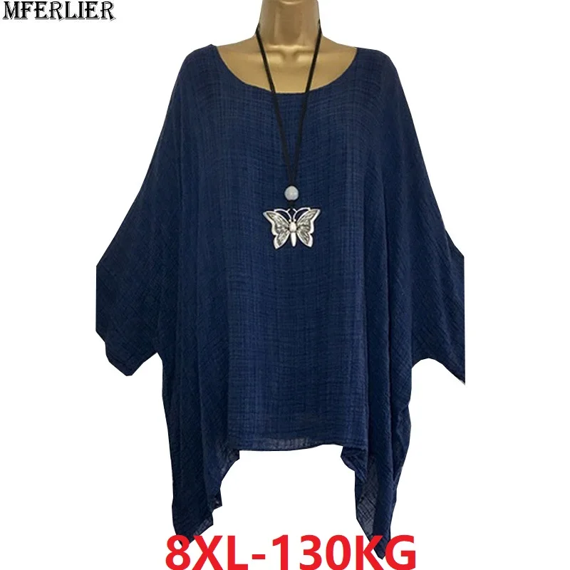 Женская футболка размера плюс, 6XL, 7XL, 8XL, рукав летучая мышь, Летняя Повседневная Домашняя футболка, женские тонкие удобные топы, свободная футболка синего цвета, 54