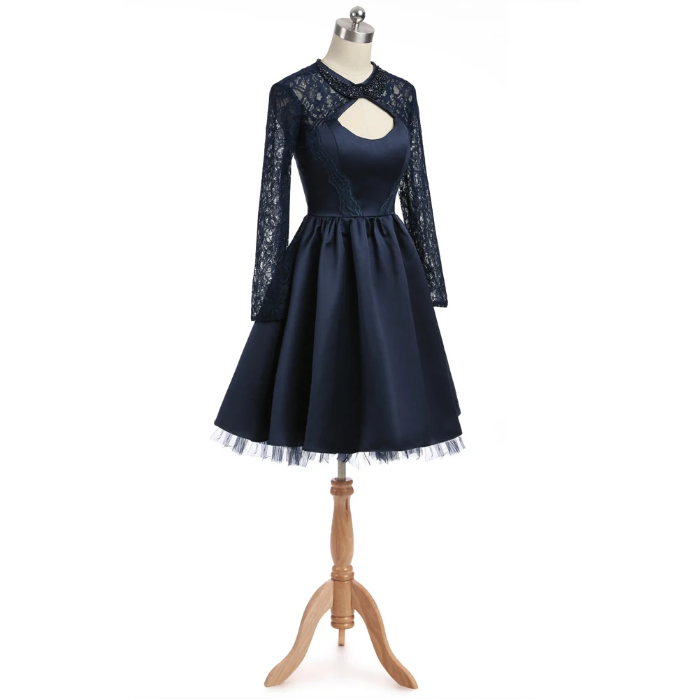 Темно-синие блестящие атласные коктейльные платья а-силуэта с длинными рукавами