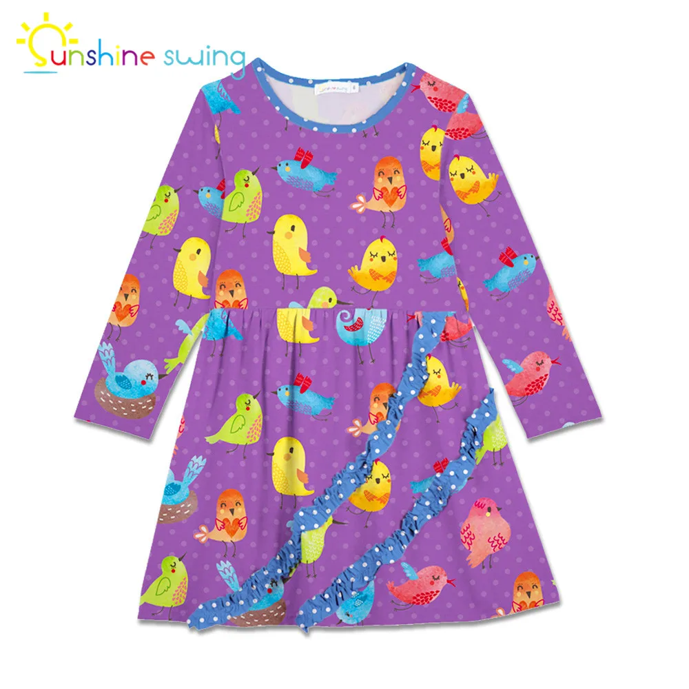 Sunshine Swing Purple Chidren Girl A-line Dress Long Sleeve Cartoon Bird Printed Kids Princess Clothing | Детская одежда и обувь