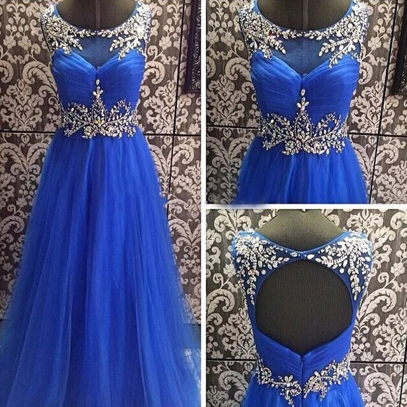 Кепки рукавом Кристалл Королевский Синий Вечерние платья Sexy открытой спиной