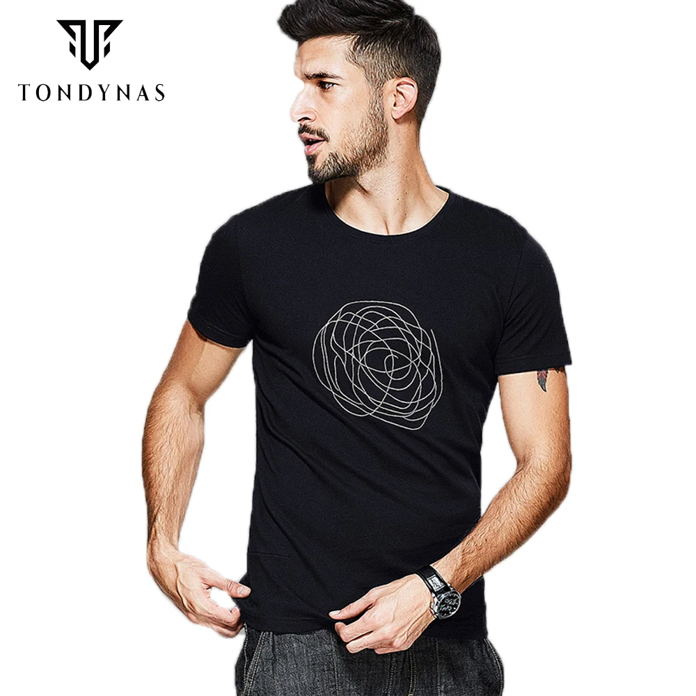 TONDYNAS человек черный вышивка с коротким рукавом футболки мужские О-Образным