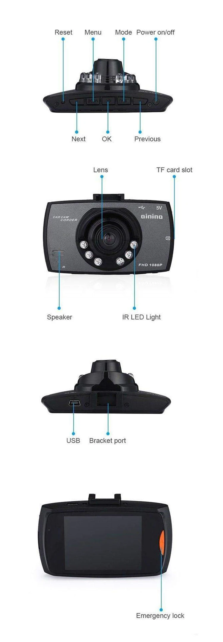 Ainina 2,4 дюймов 1080P Dashcam Автомобильный регистратор для вождения автомобиля камера DVR с датчиком движения Ночное Видение G
