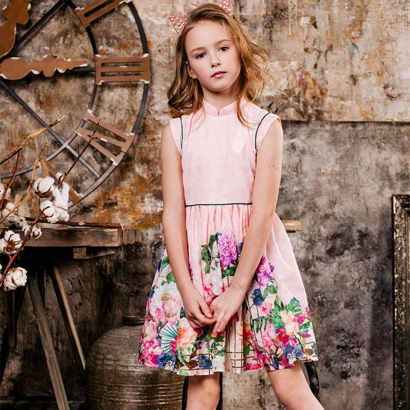 Summer Girls Dress Flower Print Chinese Style Kids Princess Dresses For Cotton Children Party 4-14 Years | Детская одежда и обувь