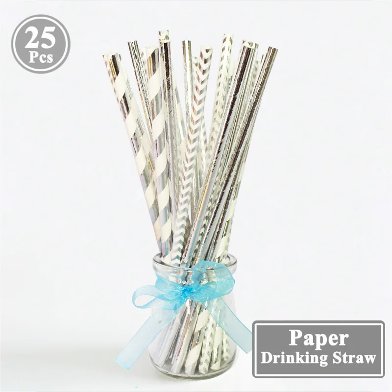 25pcs silver 25 шт. бумажные соломинки для питья, свадебные девичники, вечерние украшения для стола, на день рождения, для детей, для мальчиков и девочек, для вечеринки в честь рождения, для взрослых - Цвет: 25pcs silver