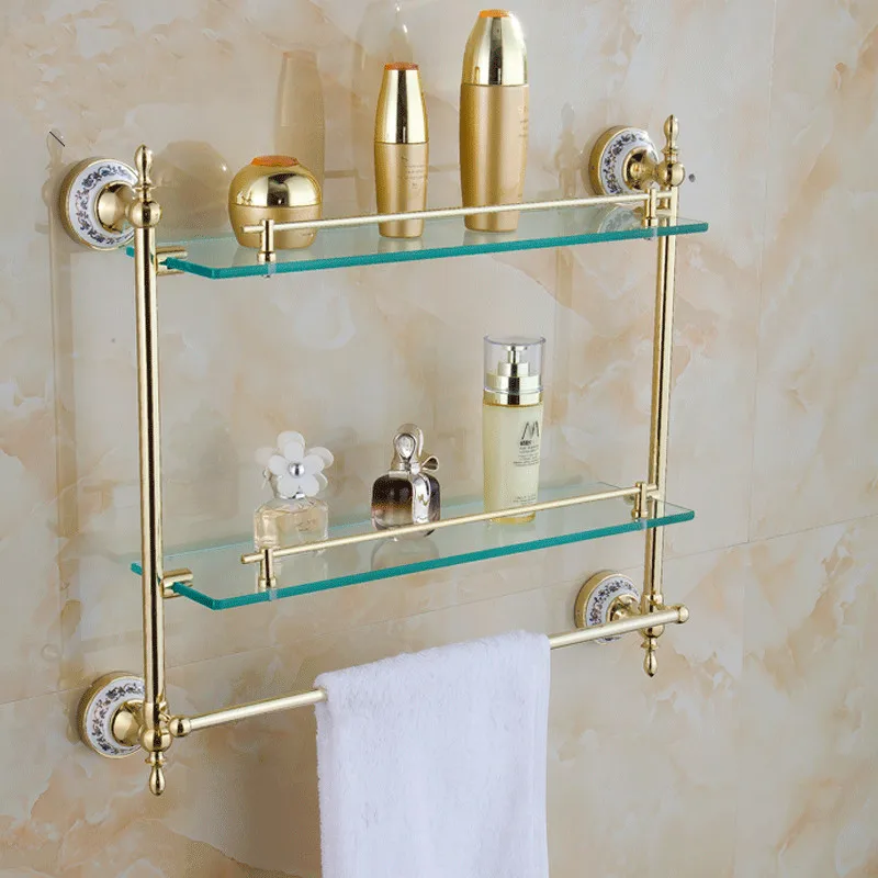 

Bathroom Shelves With Dual Tempered Glass Golden Finish Metal Material Wall Mounted Storage Shelf Towel Bar 54cm Hanger ST-6316