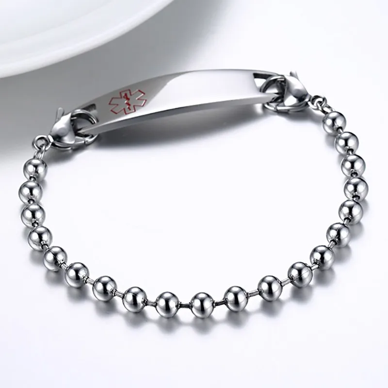 Медицинский браслет из нержавеющей стали с гравировкой и бисером|steel natural|bracelet