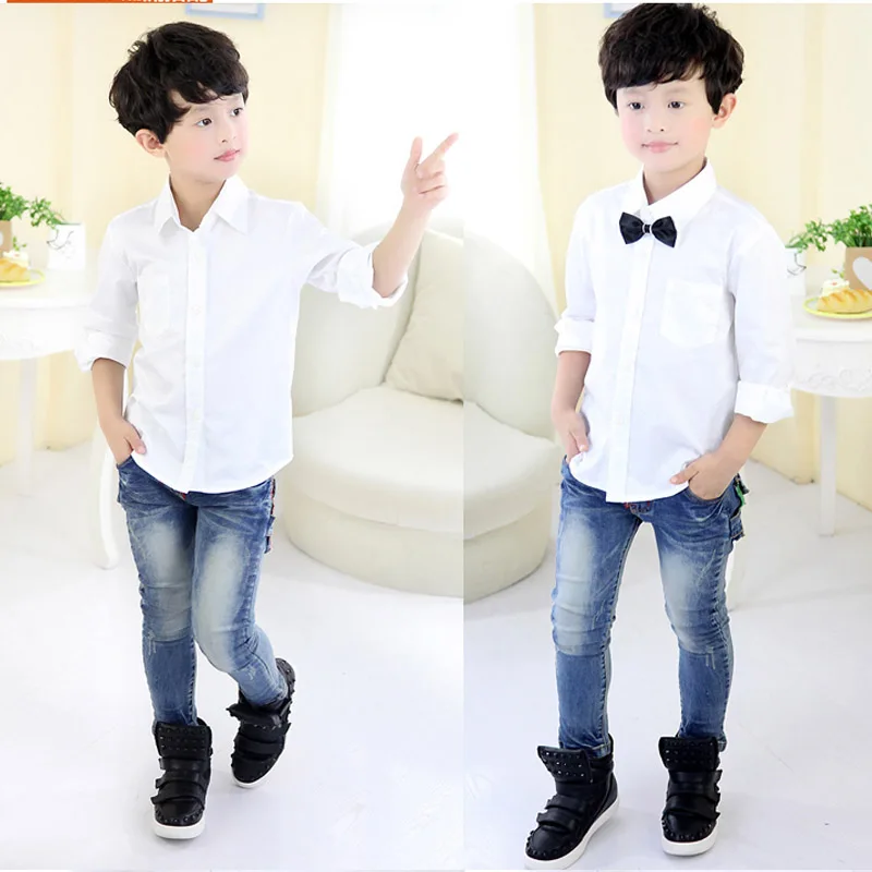 Новый стиль для мальчиков белая рубашка одежда маленьких топ с длинными рукавами