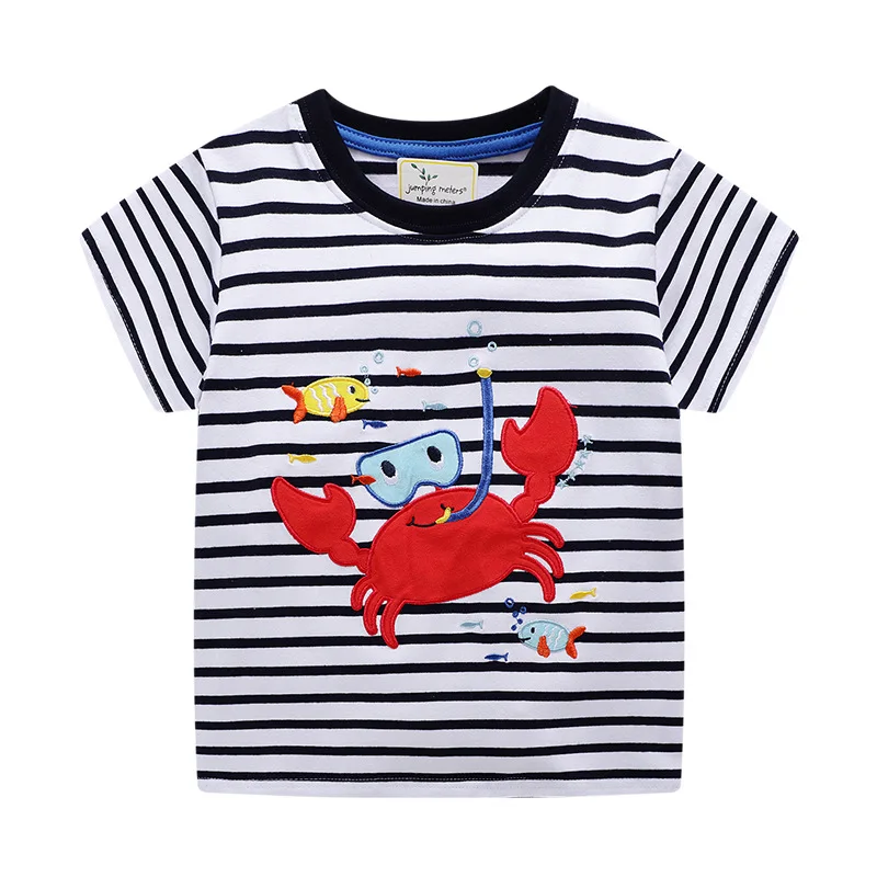 Boys O-neck Short Sleeve Stripes Cartoon Dolphins Painting Grey 100% Cotton Summer T-shirts Casual Streetwear |