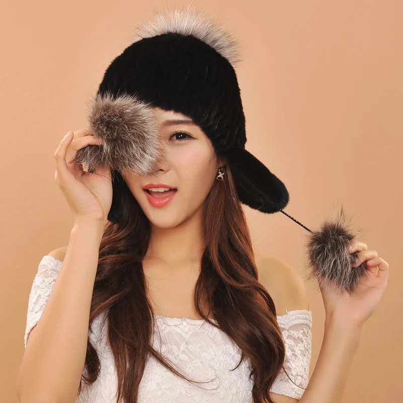 Новый стиль женские настоящие норковые меховая шапка зимняя вязаная с