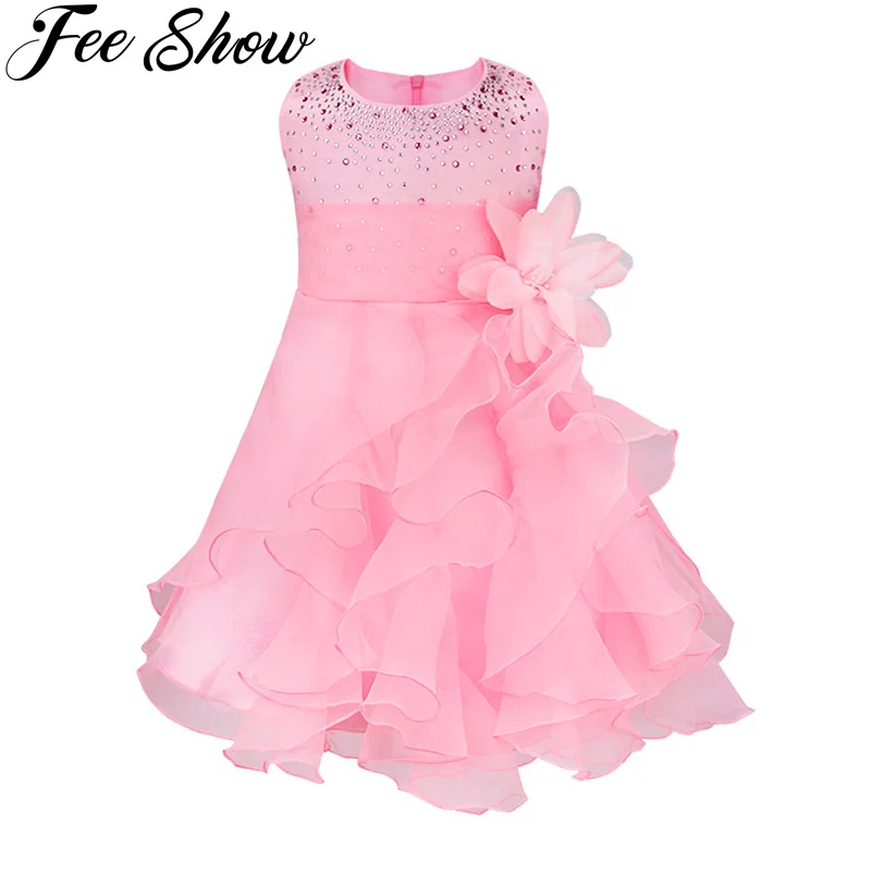 Baby Girls Rhinestone Princess Wedding Pageant Party Ruffle Flower Girl Dress for Birthday Dresses Vestido | Детская одежда и